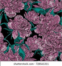 vector embroidery with peonies. Seamless pattern.