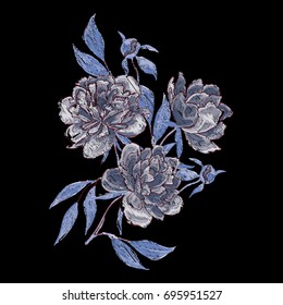 Vector embroidery with peony. Fashion floral print. Indigo color.