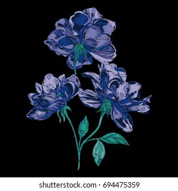 Vector embroidery with rose print. Indigo color. 