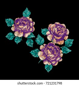 Vector embroidery with rose set. Fashion print. Queen of Sweden roses