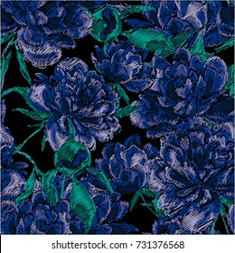 Vector embroidery with roses. Seamless pattern.