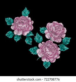 Vector embroidery with roses. Set of flowers. Fashion print.