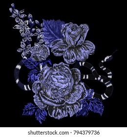 Vector embroidery with roses and snake. Fashion print.
