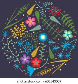 Vector Embroidery round pattern with Forest plants and Field wildflowers.