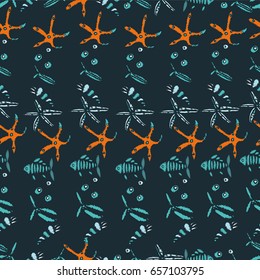 Vector Embroidery sea life background. Fish, jellyfish, dolphin, starfish, shell. Hand drawn Seamless pattern. 