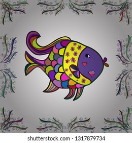 Vector. Embroidery sea life, sea shells, tropical fishes. Seamless. Classical embroidery tropical sea, wave, fishes, seamless fashion pattern. Fashionable clothes, t-shirt design.