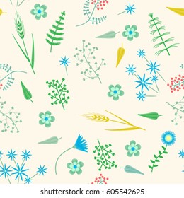 Vector Embroidery seamless pattern with Forest plants and Field wildflowers.