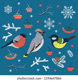 Vector embroidery set of birds, berries and snowflakes illustrations for christmas or New Year decoration design.