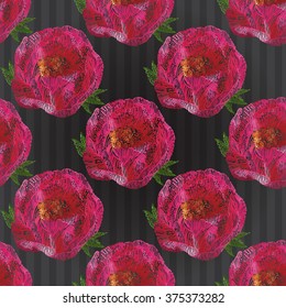 Vector embroidery. Vintage embroidery rose, rose flower, peony bouquet, peony flower, peony sketch on black vintage striped wallpaper background. Beautiful painting embroidery floral seamless pattern