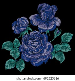 Vector embroidery with vintage roses. Floral print. Indigo blue color.