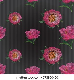 Vector embroidery. Vintage embroidery sketch, rose flower, peony bouquet, peony bud, peony flower on black vitnage striped wallpaper background. Beautiful painting embroidery floral seamless pattern