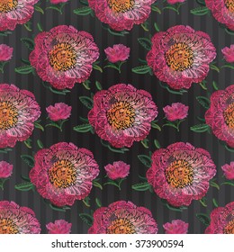 Vector embroidery. Vintage embroidery sketch, rose flower, peony bouquet, peony bud, peony flower on black vitnage striped wallpaper background. Beautiful painting embroidery floral seamless pattern