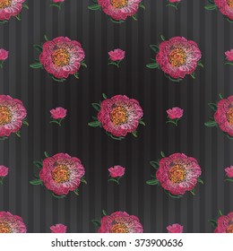 Vector embroidery. Vintage embroidery sketch, rose flower, peony bouquet, peony bud, peony flower on black vitnage striped wallpaper background. Beautiful painting embroidery floral seamless pattern