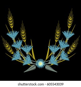Vector Embroidery Wheat ears and blue Cornflowers.