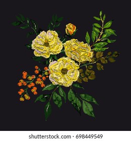Vector embroidery with yellow wild roses. Fashion floral print.