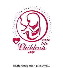 Vector embryo emblem isolated on white. New life beginning drawing. Neonatal care center conceptual symbol