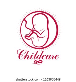 Vector embryo emblem isolated on white. New life beginning drawing. Prenatal center and motherhood preparing clinic abstract emblem