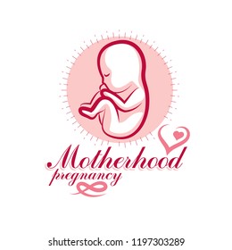 Vector embryo emblem. New life beginning drawing. Gynecology and pregnancy medical care clinic conceptual emblem