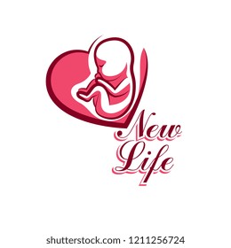 Vector embryo emblem placed in a heart shape. New life beginning drawing. Medical rehabilitation and childcare center emblem