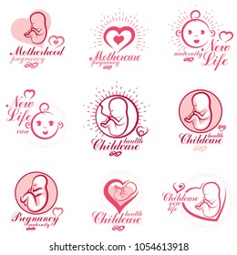 Vector embryo and newborn emblems collection. New life beginning drawings. Gynecology and pregnancy medical care clinic conceptual emblems