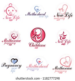 Vector embryo and newborn emblems set isolated on white. New life beginning drawings. Prenatal center and motherhood preparing clinic abstract emblems