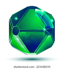 Vector emerald 3d geometrical art sparkling object, radiance smooth plastic eps10 construction with dot texture.