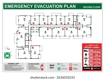 vector emergency evacuation plan template with sample floor plan. fire evacuation plan