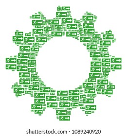 Vector emergency exit icons are combined into cogwheel composition. Mechanics design concept constructed of emergency exit elements.