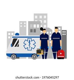 Vector Of A Emergency Medical Team. Healthcare Provider And Ambulance.