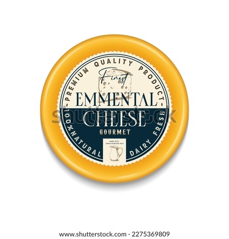 Vector Emmental cheese vintage round label and packaging design template, cheese detailed icons. Dairy product illustration for dairies, package and groceries branding.