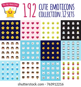 Vector emoji big set. Funny cartoon emoticons. Star, heart, apple, ghost, girl, toilet paper, moon, phone, pill, boy, rabbit, cactus stickers