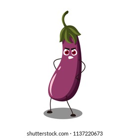 Vector Emoji eggplant with a with a angry face.  Cute cartoon eggplant with a anger look. Vector illustration