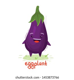 Vector Emoji eggplant with a smiley face. Cute cartoon eggplant with happy emotion.