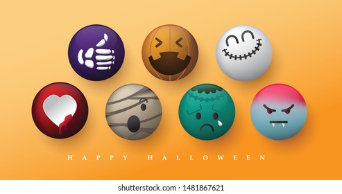 Vector emoji emoticon reactions Halloween character design cute.
