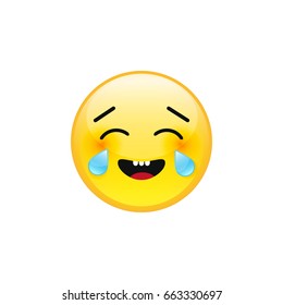 Vector emoji emoticon smiling laughing face with tears of joy. Yellow laughing crying emoji icon isolated on white background.