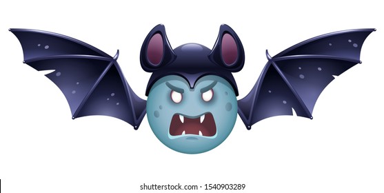 Vector emoji for Halloween. Spooky chat smiley. Icon of scary necromantic bat. Flying bluish had with a bared fangs. Angry zombie flittermouse with a black ear hat and webbed wings. Isolated emoticon