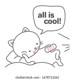 Vector emoji icon. Сute kitten watching TV with remote control in hand. Flat illustration with the inscription. Logo in cartoon style. Greeting card, kids cloch design, textile, card, poster.