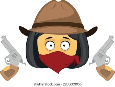 Vector Emoji Illustration Of A Cartoon Cowboy Bandit Woman, With A Hat, Bandana Covering Her Face And Guns In Her Hands