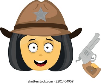 Vector Emoji Illustration Of A Cartoon Yellow Female Sheriff With A Hat And A Gun In Her Hand