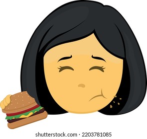 Vektoremoji-Illustration einer Cartoon-gelben Frau, die einen Hamburger isst