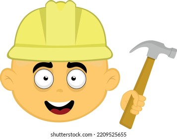 Vector emoji illustration of a cartoon yellow builder with a helmet and hammer in his hand