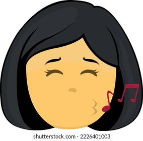 vector emoji illustration of a cartoon yellow woman whistling with music notes