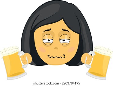 Vector emoji illustration of a drunk yellow cartoon woman with beers in her hands