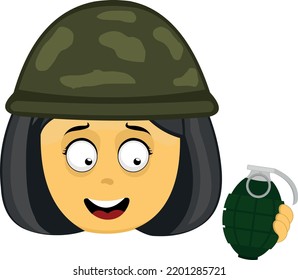 Vector Emoji Illustration Of The Face Of A Female Soldier With A Camouflaged Helmet And A Grenade In Her Hand