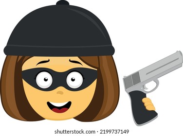 Vector Emoji Illustration Of A Yellow Cartoon Female Thief, Wearing A Hat, Mask And Holding A Gun