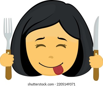 Vector emoji illustration of a yellow cartoon woman, with a yummy than delicious expression, with a knife and fork in her hands