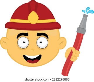 Vector emoji illustration of a yellow cartoon firefighter with a hose with water drops in his hand