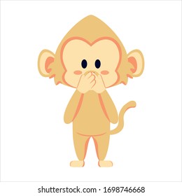 Vector Emoji Kawaii Cute Cartoon monkey covering mouth full body Isolated