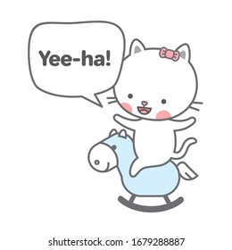 Vector emoji. Сute little kitten riding a baby rocking horse. Flat illustration with the inscription. Logo in cartoon style. Greeting card, kids cloch design, textile, poster.