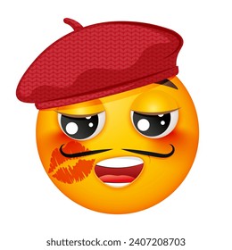 Vector emoji in love. Vector amorous emoji in french beret. Smiling yellow face with kiss and mustache. Happy. Cute emoticon. On white background.